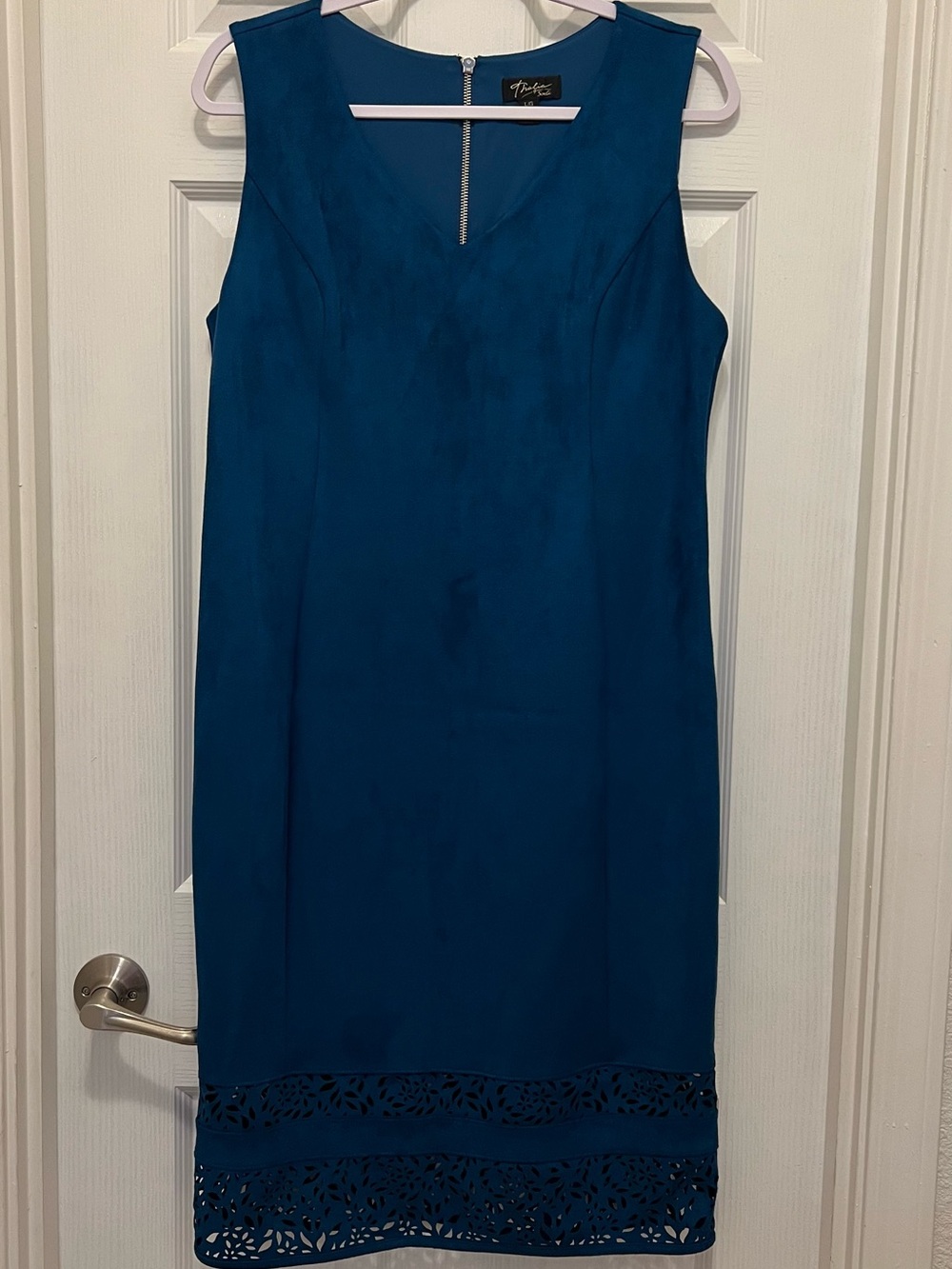 Thalia Sodi Teal Midi Sheath Dress with Laser-Cut Hem
